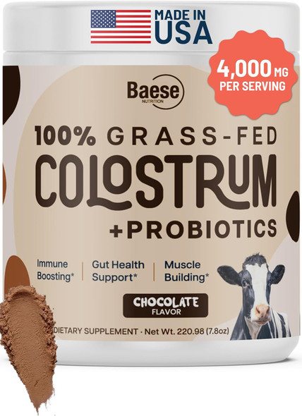 Baese Nutrition Organic Chocolate 4000mg Grass Fed Bovine Colostrum Powder + Probiotics Colostrum Supplement for Kids & Adults with Immunoglobulins (220.98 Grams)