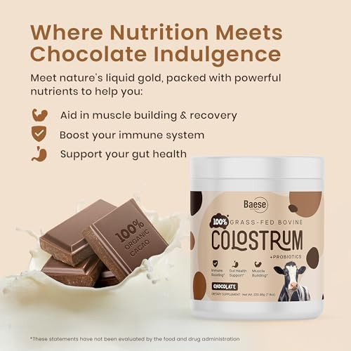 Baese Nutrition Organic Chocolate 4000mg Grass Fed Bovine Colostrum Powder + Probiotics Colostrum Supplement for Kids & Adults with Immunoglobulins (220.98 Grams)