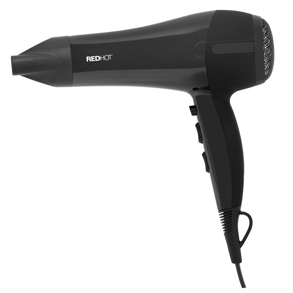 Red Hot Hair Dryer 2200W / Fast Drying Hairdryer with Removable Nozzle / 3 Heat Settings, 2 Speeds & Cool Air Mode/Black