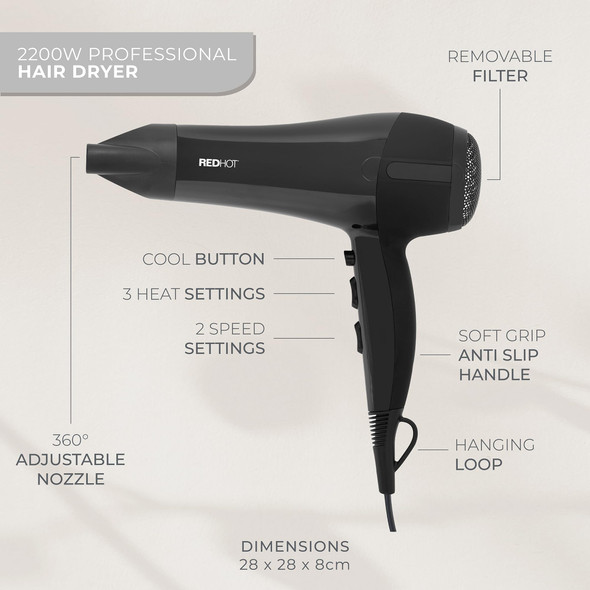 Red Hot Hair Dryer 2200W / Fast Drying Hairdryer with Removable Nozzle / 3 Heat Settings, 2 Speeds & Cool Air Mode/Black