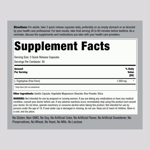 Piping Rock L-Tryptophan 1500 mg | 90 Capsules | Free Form Supplement