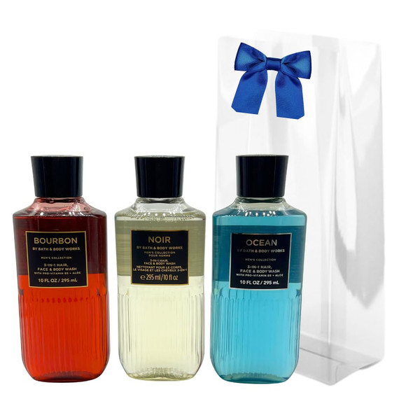 Bath and Body Works Bourbon Noir Ocean Men'S Collection 3In1 Hair Face and Body Wash 3Piece Set With A Blue Bow For Holidays 10 Fl Oz Each