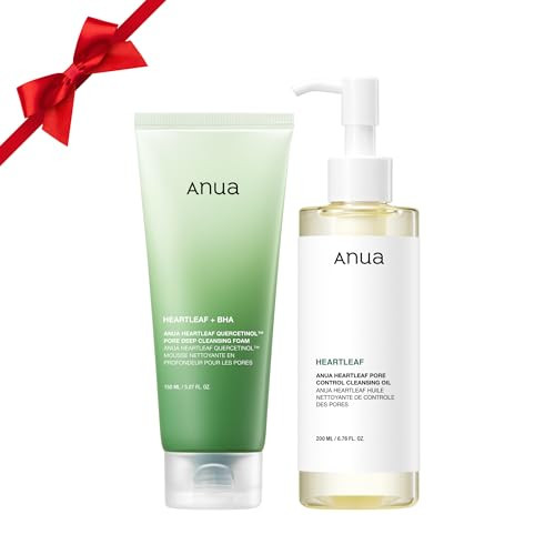 Anua Double Cleanser Duo For Facial Cleansing: Heartleaf Pore Control Cleansing Oil and Heartleaf Quercetinol Pore Deep Cleansing Foam For Double Cleansing Korean Skincare