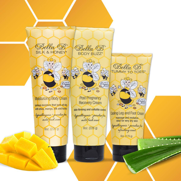 Bella B Bundle Silk andHoney Moisturizing Body Cream and Body Buzz Firming Cream Post Pregnancy Recovery andTummy To Toes Cooling Foot Cream Made With Aloe Vera and Natural Oil Pregnancy Gifts Mom 8Oz 6Oz