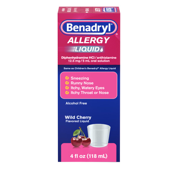 Benadryl Allergy Medicine Liquid Diphenhydramine Hcl Wild Cherry 4 Fl Oz