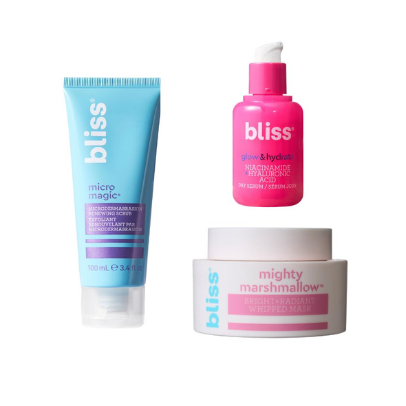 Bliss Facial Trio " Micro Magic SkinRefining Face Scrub Packaging May Vary Mighty Marshmallow Brightening Mask and Glow And Hydrate Serum Exfoliating And Hydrating Skincare Routine