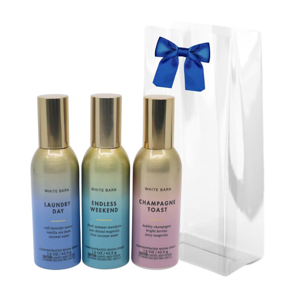 Bath and Body Works Laundry Day Champagne Toast Endless Weekend Concentrated Room Spray 3Pc Bundle Set With A Blue Bow For Holiday 1.5 Oz Each