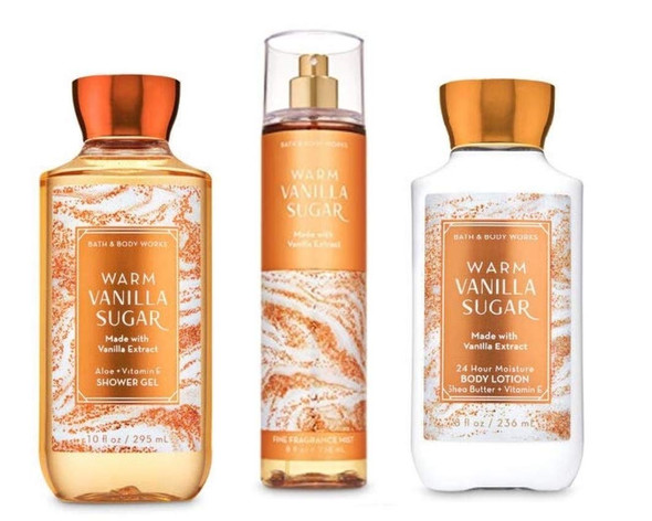 Bath and Body Works B and Body Works Warm Vanilla Sugar Full Size Set Shower Gel Body Lotion Fine Fragrance Mist