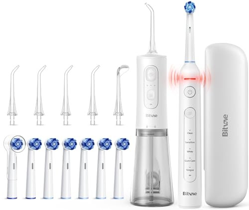 Bitvae Cordless Water Dental Flosser and R2 Rotating Electric Toothbrush Bundle White and White