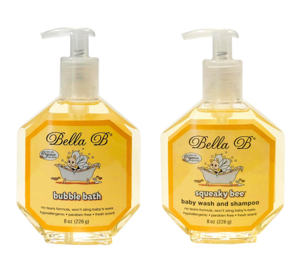 Bella B Bundle: Squeaky Bee Baby Wash and Shampoo 8 Oz And Bubble Bath 8 Oz