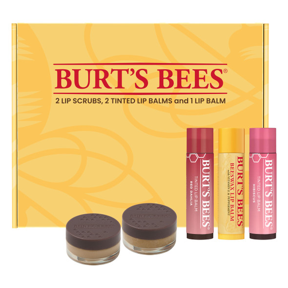 Burt'S Bees Lip Care and Color Gifts Kit Original Beeswax Moisturizing Lip Balm Hibiscus and Red Dahlia Tinted Stain + Balm Duos Conditioning Scrub and Overnight Sleeping Mask Exfoliator