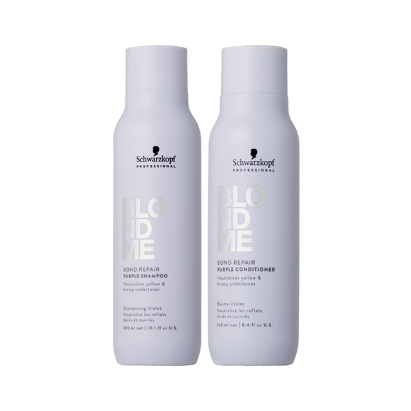 Blondme Bond Repair Purple Shampoo and Conditioner Bundle Neutralized Yellow Undertones Prevents Brassiness and Strengthen Blonde Hair