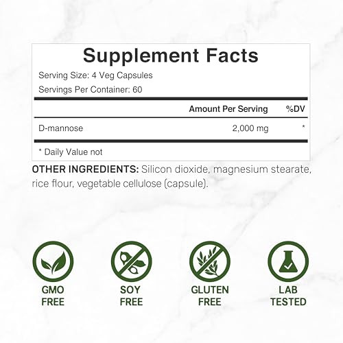 Deal Supplement D Mannose 500Mg Capsules 2000Mg Per Serving 240 Veggie Pills " Fast Acting WaterSoluble Form " Extra Strength Urinary Tract Uti Health Support " NonGmo Vegan Friendly