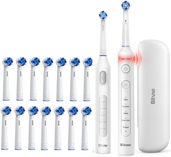 Bitvae R1 and R2 Rotating Electric Toothbrush For Adults And Kids With 13 Brush Heads 5 Modes Pressure Sensor Travel Case White and White