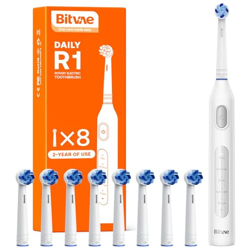 Bitvae R1 and R2 Rotating Electric Toothbrush For Adults And Kids With 13 Brush Heads 5 Modes Pressure Sensor Travel Case White and White