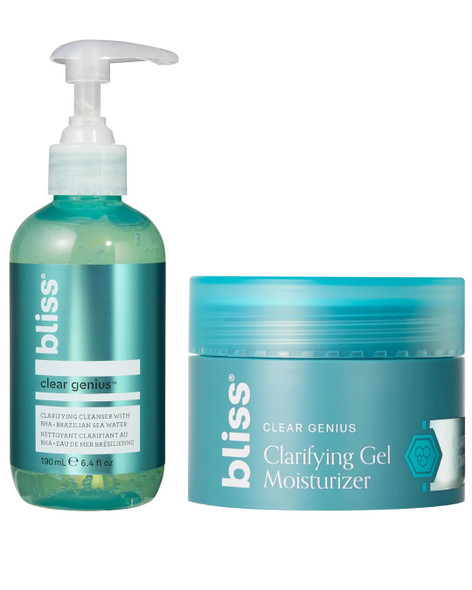 Bliss Clear Genius Cleanser + Gel Moisturizer Salicylic Acid and Niacinamide To Purify Pores Control Oil and Hydrate Vegan Tea Tree Scent OilFree ParabenFree BlemishProne Skin 6.4 Oz 1.7 Oz