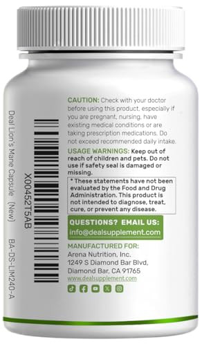 Deal Supplement Lions Mane Mushroom Supplement 240 Capsules " Active Fruiting Body and Mycelium Extract " Natural Brain Nootropic and Immune System Booster " NonGmo