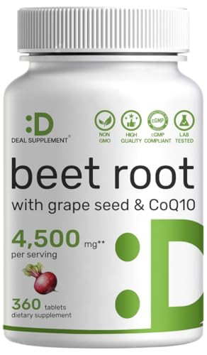 Deal Supplement Beet Root Extract Supports Energy Nitric Oxide and Heart Health 3 'In 1 Beet Root Capsules With Grape Seed Extract and Coq10 4 'Month Supply Non Gmo Gluten 360 Tablets