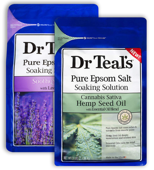 Dr. Teal'S Pure Epsom Salt Soaking Solution Set 2 Pack 3Lbs Ea. Soothe and Sleep Lavender Cannabis Sativa Hemp Seed Oil With Essential Oil Blend Nourish Skin and Promote A Better Nights Sleep