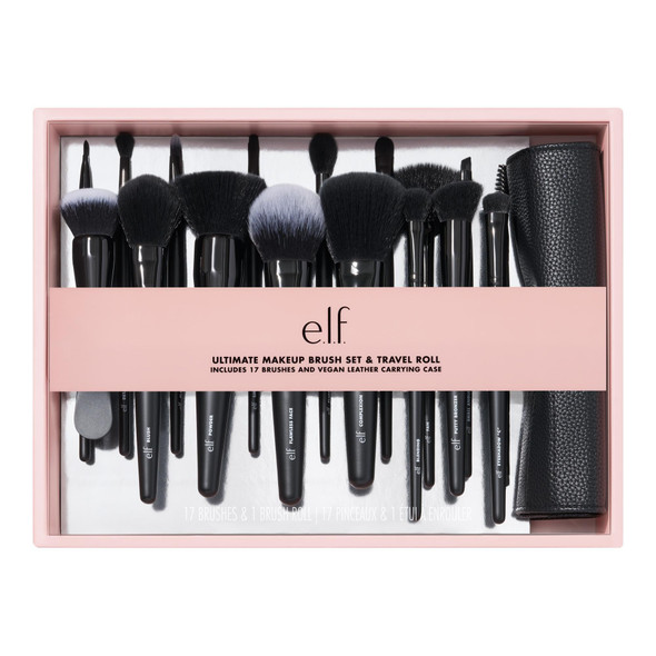 E.L.F. Ultimate Makeup Brush Set and Travel Roll 17Piece Brush Kit Brushes For Eyeshadow Foundation Powder Concealer and More Vegan and CrueltyFree