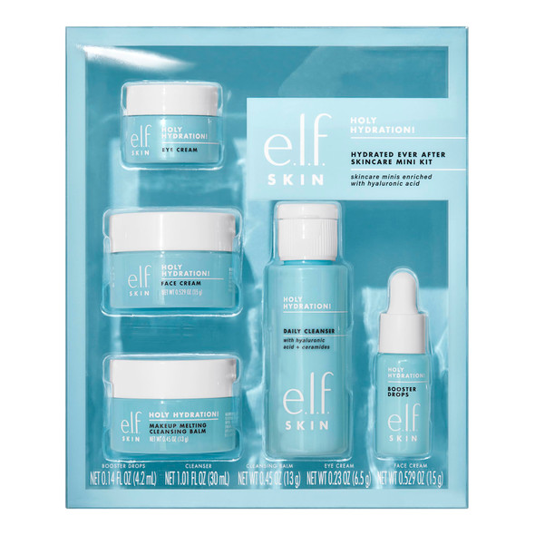 E.L.F. Skin Holy Hydration Hydrated Ever After Skincare Mini Kit Cleanser Makeup Remover Moisturizer and Eye Cream For Hydrating Skin AirplaneFriendly Sizes