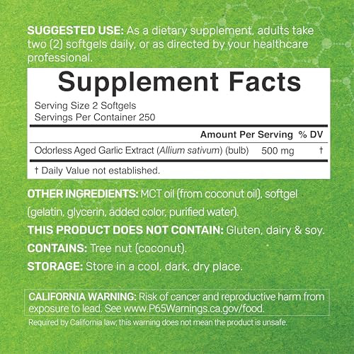 Deal Supplement Odorless Aged Garlic " Enhanced With Mct Oil Fresh Allium Sativum Bulb Source " 2Years Aged Garlic Extract " NonGmo Cgmp Manufactured 500 Softgels