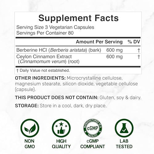 Deal Supplement Berberine With Ceylon Cinnamon 1200 Mg Per Serving 240 Vegetarian Capsules Berberine Supplement With Ceylon Cinnamon Extract NonGmo Gluten