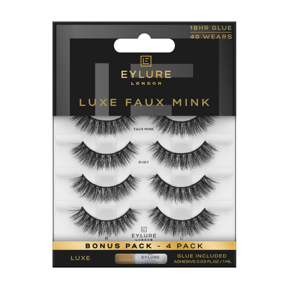 Eylure Luxe Faux Mink Ruby Eyelashes Reusable Strip Lashes Silk Effect Fibers Black Multipack 4 Pairs