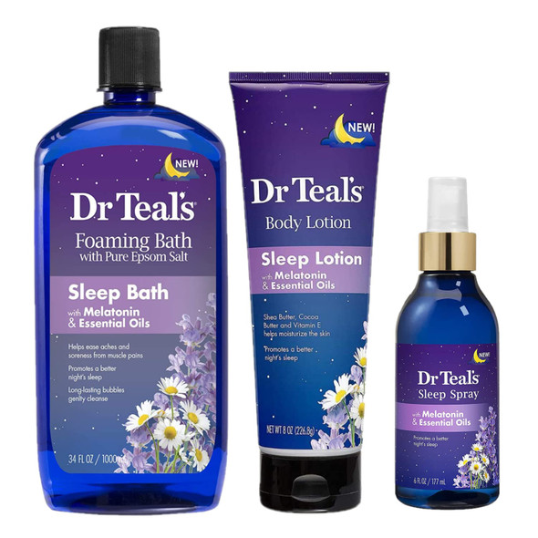 Dr Teals Melatonin Sleep Bath Set Foaming Bath Body Lotion and Sleep Spray Stress Relief Lavender and Melatonin Promotes Better Sleep At Home Spa Kit Relax Before Bed 34 Oz 8 Oz 6Oz