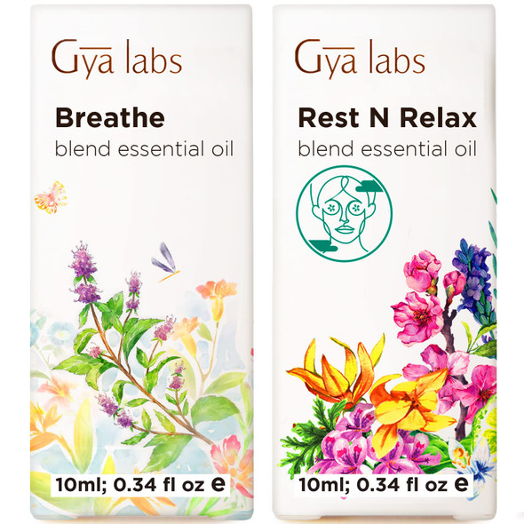 Gya Labs Breathe Essential Oil For Humidifier Cleaner and Rest and Relax Essential Oil For Diffuser Set Aromatherapy Grade Essential Oils Set 2X10Ml Gya Labs