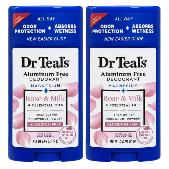 Dr. Teal'S Rose and Milk Deodorant Set 2 Pack Ea Rose and Milk Formula Aluminum With Magnesium Essential Oils Shea Butter and Arrowroot Powder Absorb Moisture Keep Skin Healthy 2.65Oz