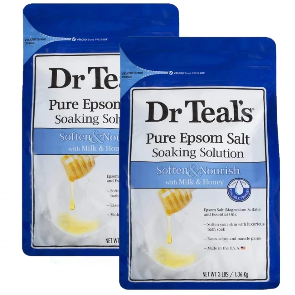 Dr. Teals Soften and Nourish With Milk and Honey Soaking Solution Set 2 Pack 3Lbs Ea. Pure Epsom Salt and Essential Oils Softens The Skin Eases Aches and Muscle Pains Relieve Stress At Home