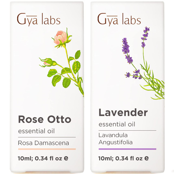 Gya Labs Rose Essential Oils For Skin Use and Lavender Essential Oil For Diffuser Set Aromatherapy Grade Essential Oils Set 2X0.34 Fl Oz Gya Labs
