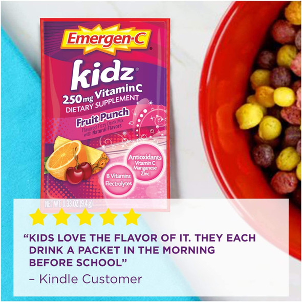 Emergen-C Kidz 250mg Kids Vitamin C Powder, Caffeine Free, Immune Support Drink Mix, Fruit Punch Flavor - 30 Count/1 Month Supply