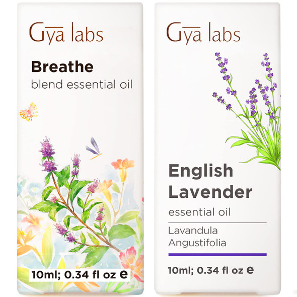 Gya Labs Breathe Essential Oil For Humidifier Cleaner and Lavender Essential Oil For Diffuser Set Aromatherapy Grade Essential Oils Set 2X10Ml Gya Labs