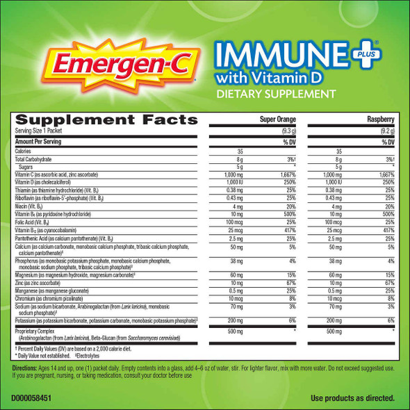 Emergen-C Immune+ System Support Dietary Supplement Drink Mix With Vitamin D, 1000mg Vitamin C - 70 packets (30 - Raspberry Flavor, 40 - Super Orange Flavor)