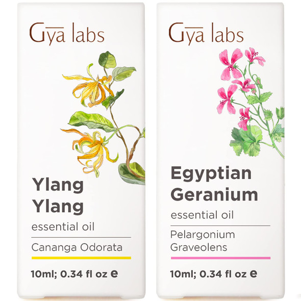 Gya Labs Ylang Essential Oil For Skin and Geranium Oil For Skin Set Aromatherapy Grade Essential Oils Set 2X10Ml Gya Labs