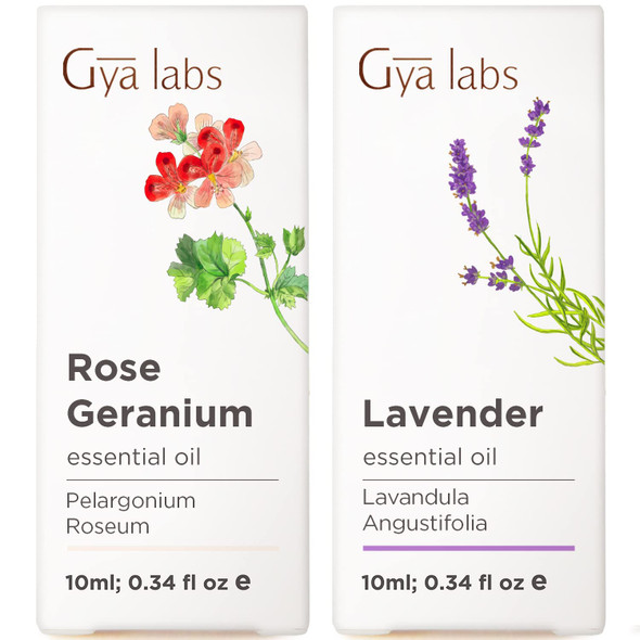 Gya Labs Rose Geranium Essential Oil For Skin and Lavender Essential Oil For Diffuser Set Aromatherapy Grade Essential Oils Set 2X0.34 Fl Oz Gya Labs
