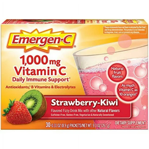 Emergen-C 1000mg Vitamin C Powder, with Antioxidants, B Vitamins and Electrolytes, Vitamin C Supplements for Immune Support, Caffeine Free Fizzy Drink Mix, Strawberry Kiwi Flavor - 30 Count