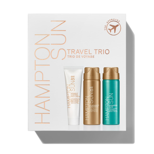 Hampton Sun Travel Trio Kit Spf 30. Continuous Mist Sunscreen + Hydrating Aloe Continuous Mist. BroadSpectrum Advanced Water + Sweat Resistance Soothing + Hydrating Sunburn Relief 1 Oz 1 Oz