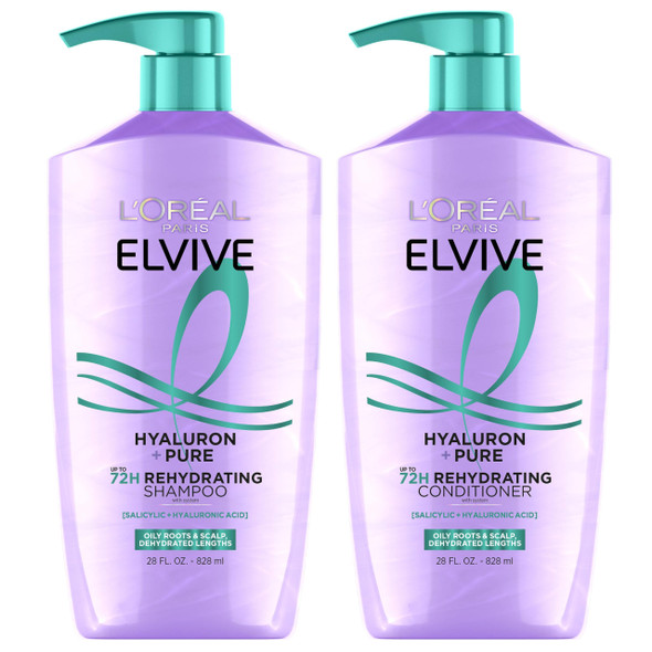 L'Oreal Paris Elvive Hyaluron + Pure Shampoo And Conditioner Set Clarifying Shampoo And Rehydrating Conditioner With Salicylic Acid And Hyaluronic Acid 56 Fl Oz Set