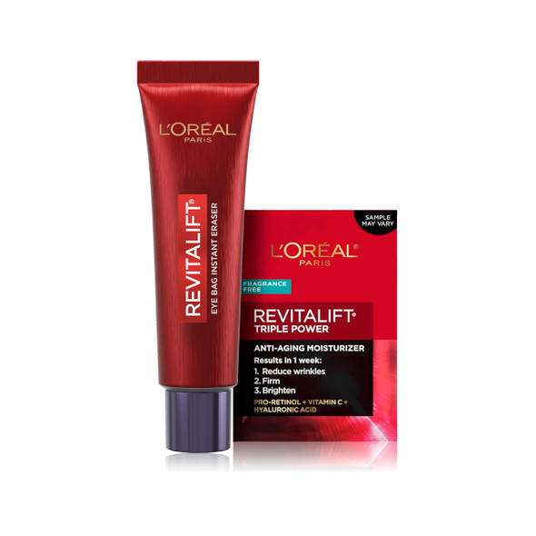 L'Oreal Paris Revitalift Triple Power Eye Bag Instant Eraser Eye Tightener Treatment To Firm Bags 0.5 Oz + Sample