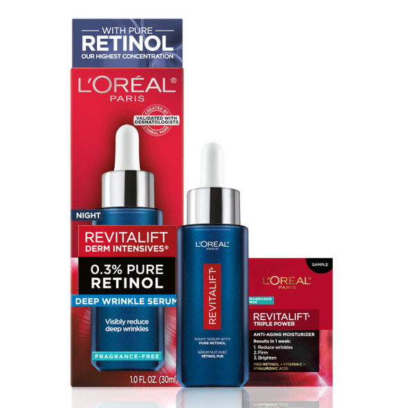 L'Oreal Paris Revitalift 0.3% Pure Retinol Night Serum Reduce Deep Wrinkles Fragrance 1 Oz + Moisturizer Sample