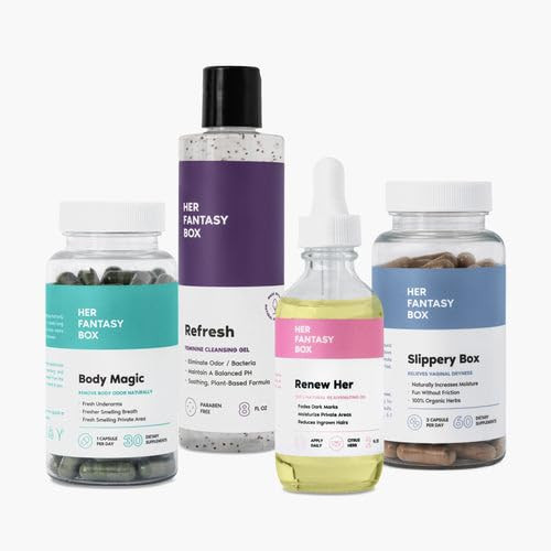 Her Fantasy Box Starter Kit Chlorophyll Capsules Ph Balancing Shower Gel Rejuvenating Yoni Oil and Slippery Elm Capsules " Complete Feminine Wellness Bundle For Freshness Balance and Nourished Skin