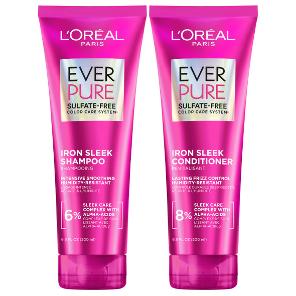 L'Oreal Paris Sulfate Iron Sleek Smoothing Shampoo And Conditioner Set Frizz Control And HumidityResistant Formula With AlphaAcids Suitable For ColorTreated Hair Everpure 13.6 Fl Oz Set