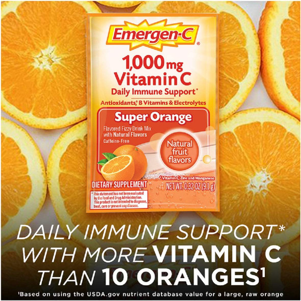Emergen-C Vitamin C 1000mg Powder (50 Count, Super Orange Flavor), with Folic Acid, Antioxidants, B Vitamins and Electrolytes, Dietary Supplement Fizzy Drink Mix, Caffeine Free
