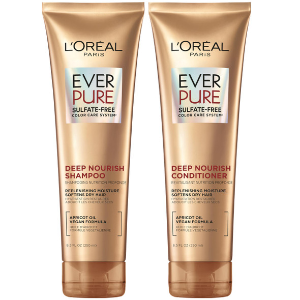 L'Oreal Paris Sulfate Shampoo And Conditioner For Dry Hair Triple Action Hydration For Dry Brittle Or Color Treated Hair Apricot Hair Care Everpure 8.5 Fl Oz Set Of 2