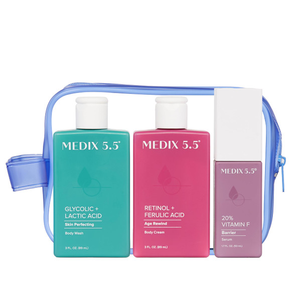 Medix 5.5 Travel Kit Skin Care Set Retinol Body Lotion + Glycolic Acid Exfoliating Body Wash + 20% Vitamin F Body Oil 3Pc Skincare Set Crepey Skin Care Treatment 3 Piece Travel Kit
