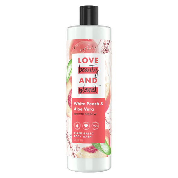 Love Beauty And Planet PlantBased Body Wash Smooth and Renew White Peach and Aloe Vera No Sulfate Cleansers Cruelty 92% Naturally Derived 20 Oz