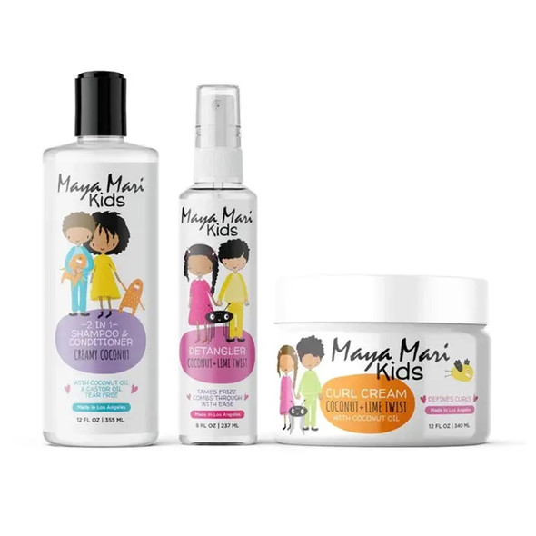 Maya Mari Kids Curly Hair Must Have 3Piece Haircare Set Includes 2In1 Shampoo Conditioner Curl Cream and Detangler Spray Gentle Coconut Formula For Daily Cleansing Moisturizing